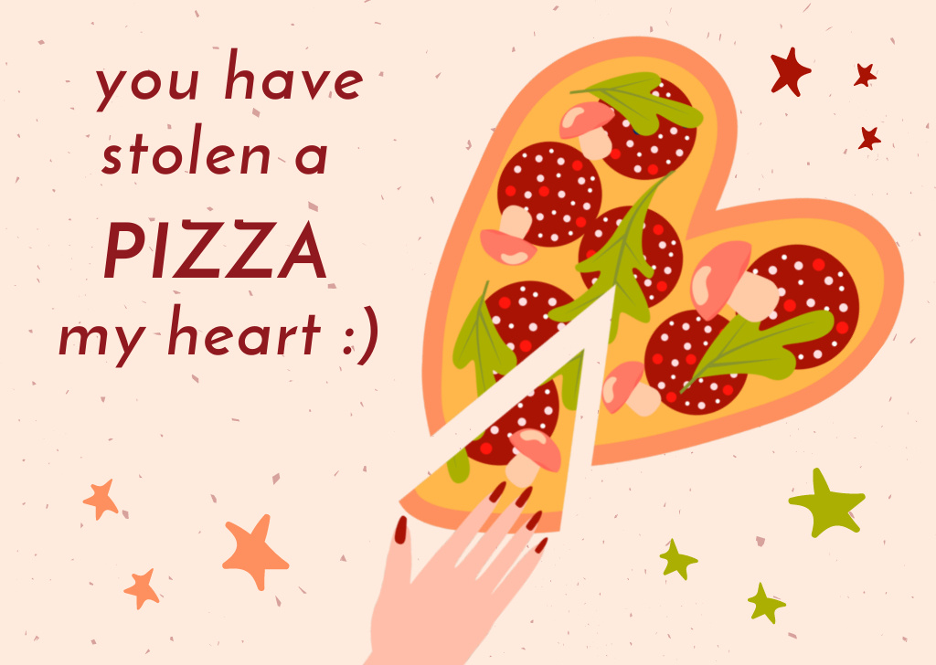 Plantilla de diseño de Valentine's Day with Slice of Delicious Pizza Card 