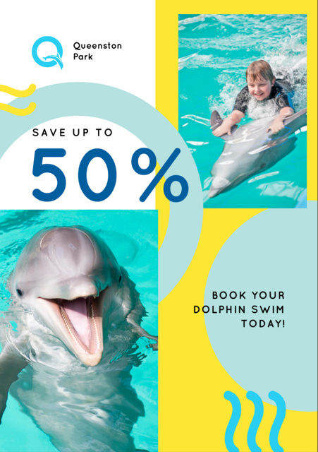 Swim with Dolphin Offer with Kid in Pool Flyer A7デザインテンプレート