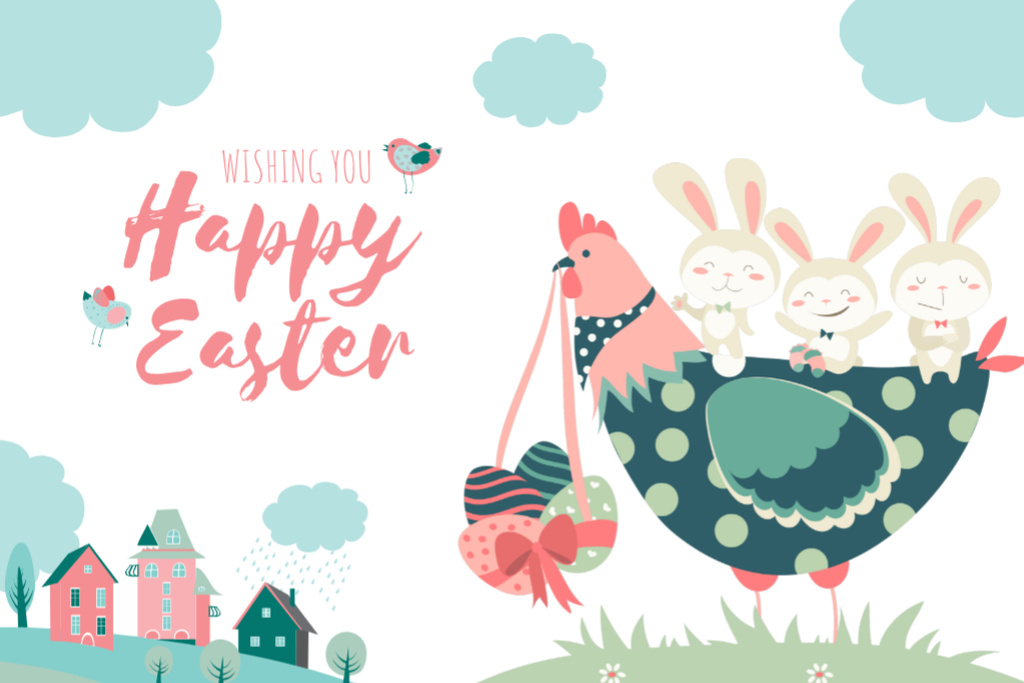 Ontwerpsjabloon van Postcard 4x6in van Easter Wishes With Cute Chicken And Bunnies