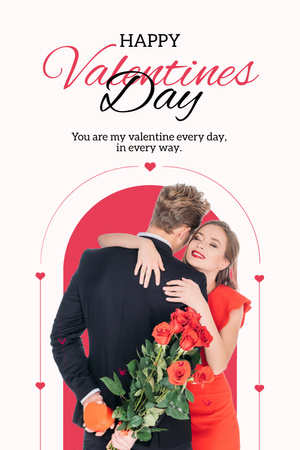 Valentine's Day with Young Couple in Love holding Flowers Pinterest Design Template