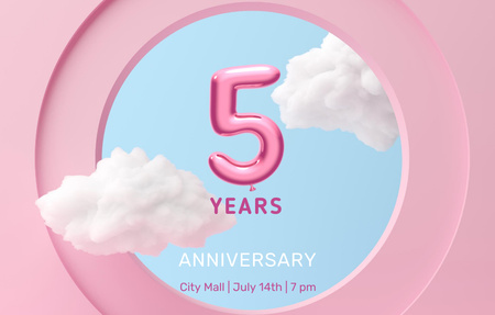 Lovely Anniversary Celebration Announcement With Cute Clouds In Pink Invitation 4.6x7.2in Horizontal Design Template