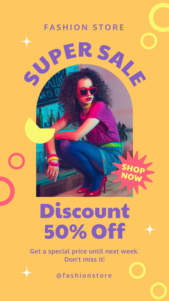 Fashion Sale Ad with Stylish Young Woman Instagram Story Design Template
