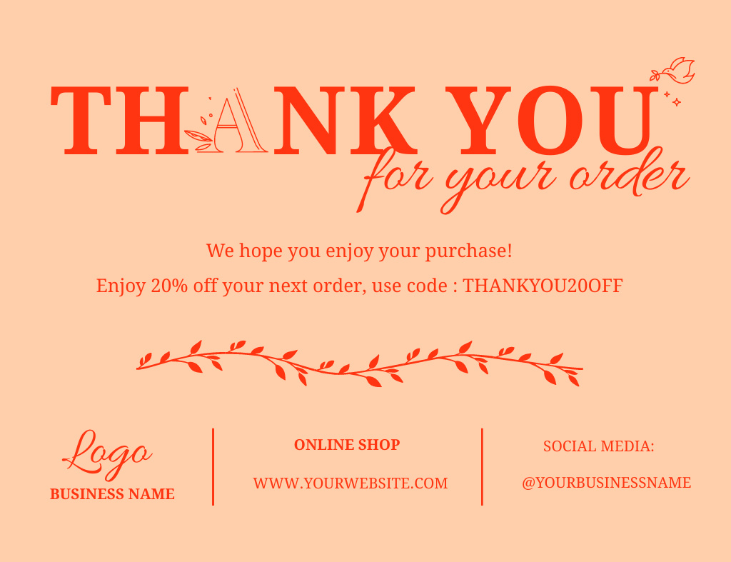 Thank You for Your Order Notice in Red Thank You Card 5.5x4in Horizontal – шаблон для дизайну