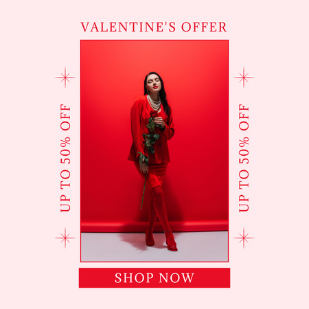 Valentine's Day Sale Announcement with Brunette in Red Instagram AD Design Template