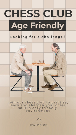 Promoção de clube de xadrez para idosos em bege Instagram Story Modelo de Design