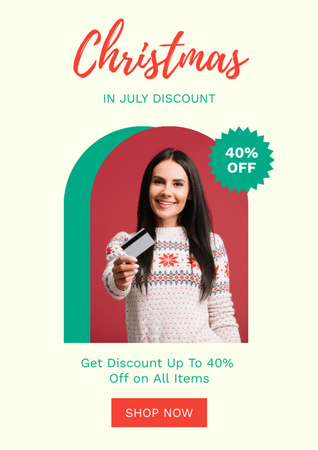 Christmas in July Discount with Happy Woman Flyer A4 Design Template