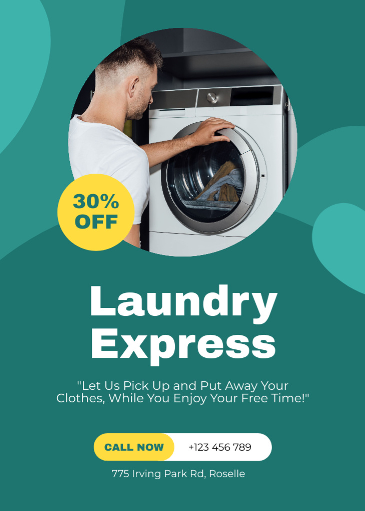 Offer Discount on Laundry Services with Young Man Flayer tervezősablon