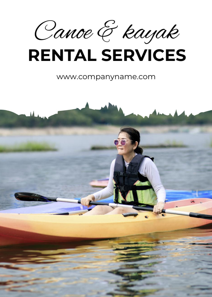 Kayak And Canoe Rental Offer With Landscape Postcard 5x7in Vertical Šablona návrhu