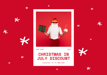 Ontwerpsjabloon van Flyer A5 Horizontal van Christmas Discount in July with Merry Santa Claus in Sunglasses