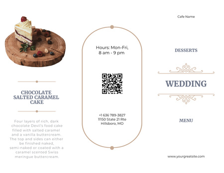 Platilla de diseño Wedding Desserts List With Caramel Cake Menu 11x8.5in Tri-Fold