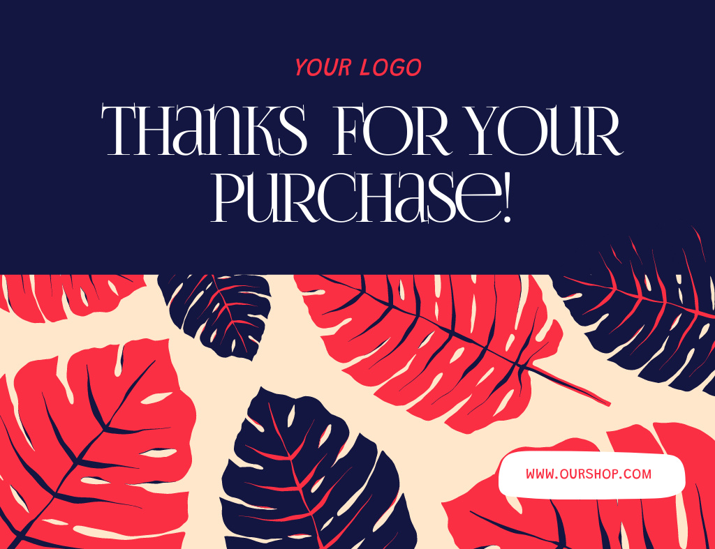 Thanks for Your Purchase Text with Pattern of Monstera Leaves Thank You Card 5.5x4in Horizontal Design Template