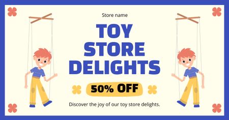 ブルーフレームの割引付き子供用おもちゃ店オファー Facebook ADデザインテンプレート