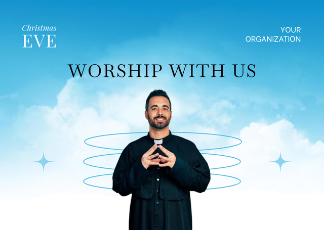Plantilla de diseño de Christmas Holiday Worship Announcement with Priest Flyer A6 Horizontal 