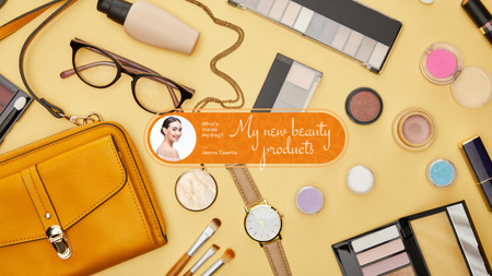 Anúncio de blog de beleza com produtos de maquiagem na mesa Youtube Modelo de Design