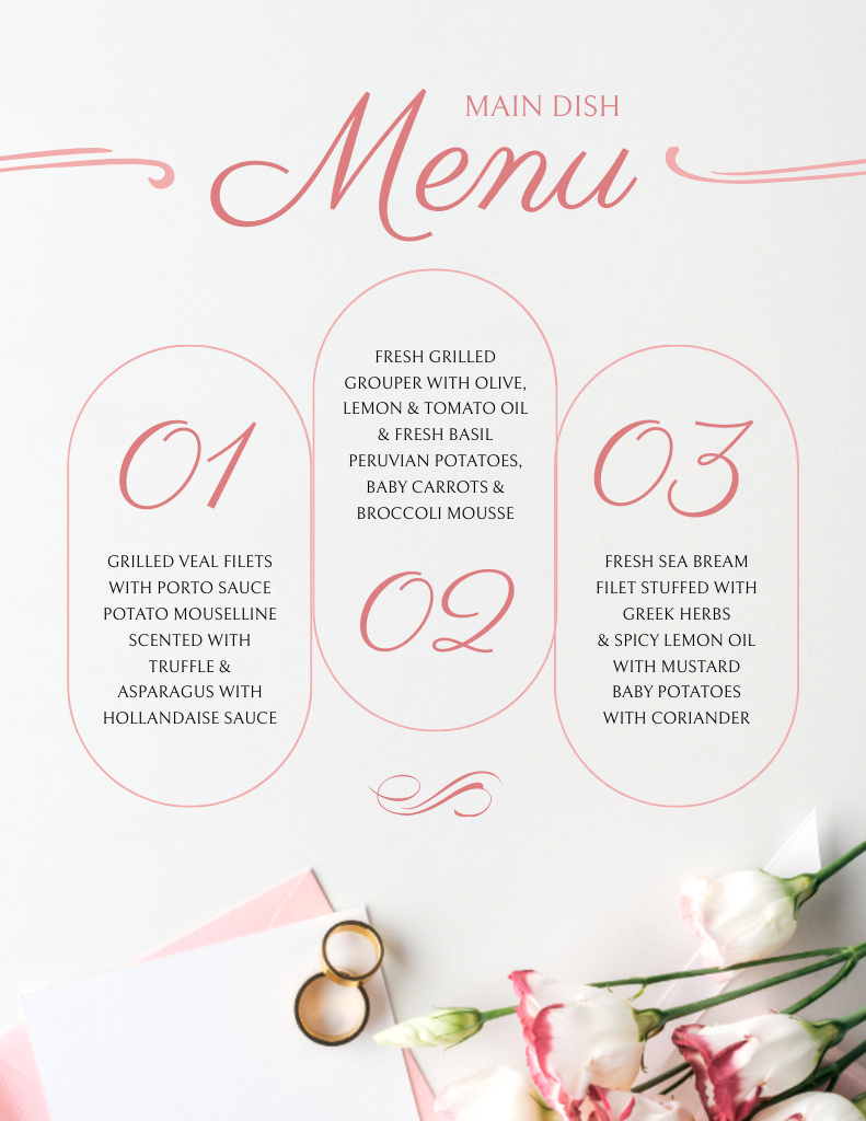 Main Dishes List for Wedding Party Menu 8.5x11in Šablona návrhu