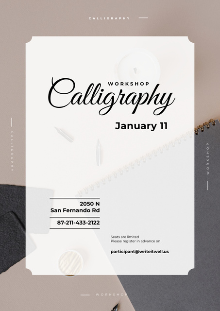 Designvorlage Calligraphy Workshop Event Announcement with Notebook für Poster A3
