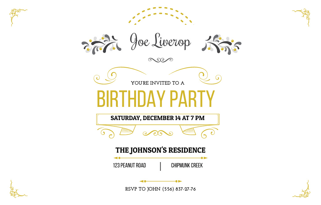 Birthday Party Announcement With Decorations and Ribbon Invitation 4.6x7.2in Horizontal Design Template