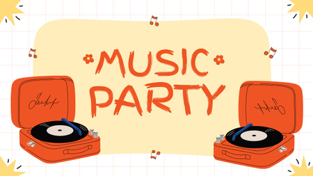 Music Party Announcement with Vinyl Record Players Youtube Design Template