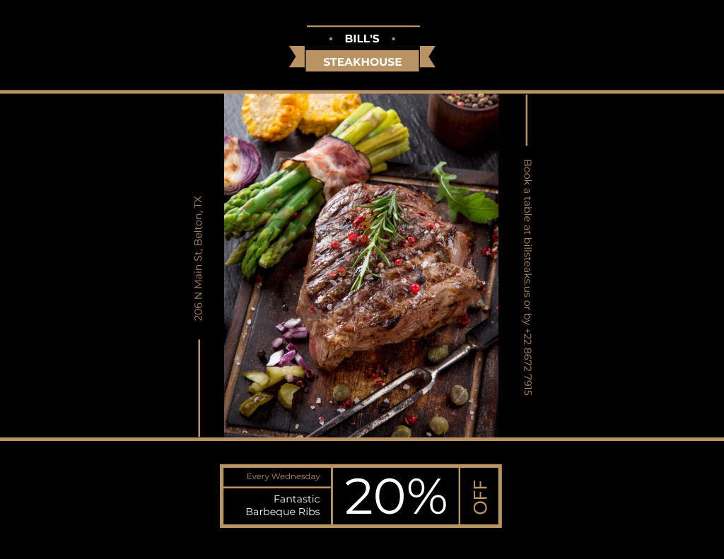 Szablon projektu Delicious Grilled Beef Steak with Asparagus Flyer 8.5x11in Horizontal
