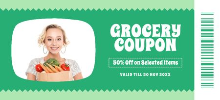 Grocery Store Discount Voucher on Green Coupon 3.75x8.25in Design Template