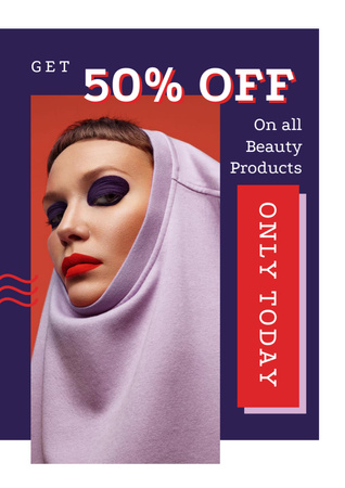 Sale Ad with Young Woman in Bright Makeup Poster A3 Πρότυπο σχεδίασης