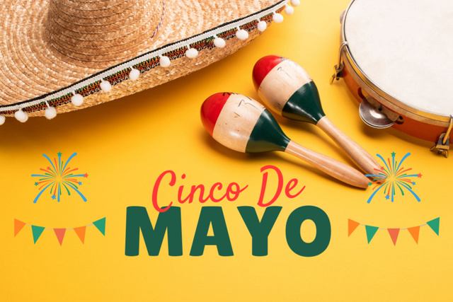 Cinco de Mayo Greeting with Festival Attributes on Yellow Postcard 4x6in – шаблон для дизайну