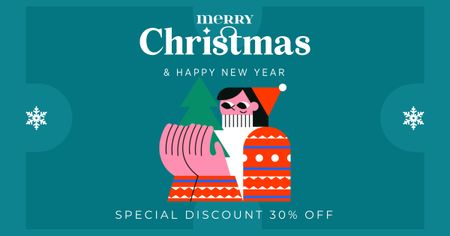 Christmas Sale Ad with Cartoon Woman in Santa Hat Facebook AD Design Template