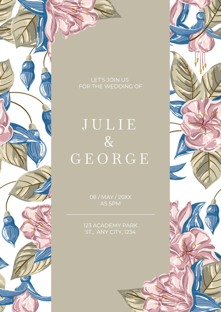 Vintage Wedding Invitation with Flowers Poster Design Template