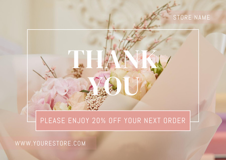 Thank You Message with Bouquet of Pink Flowers Card Design Template