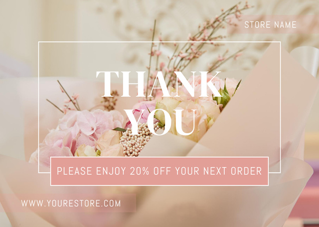 Thank You Message with Bouquet of Pink Flowers Card tervezősablon
