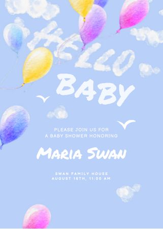 Ontwerpsjabloon van Invitation van Baby Birthday Announcement with Bright Balloons