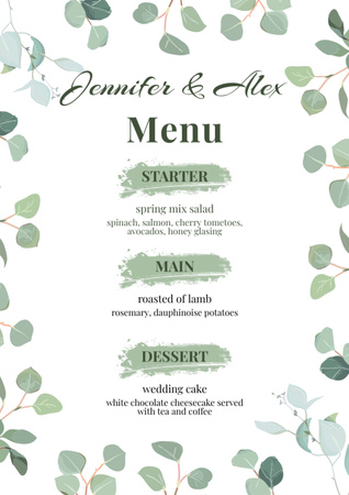結婚式の料理リストに水彩の葉のイラスト Menuデザインテンプレート