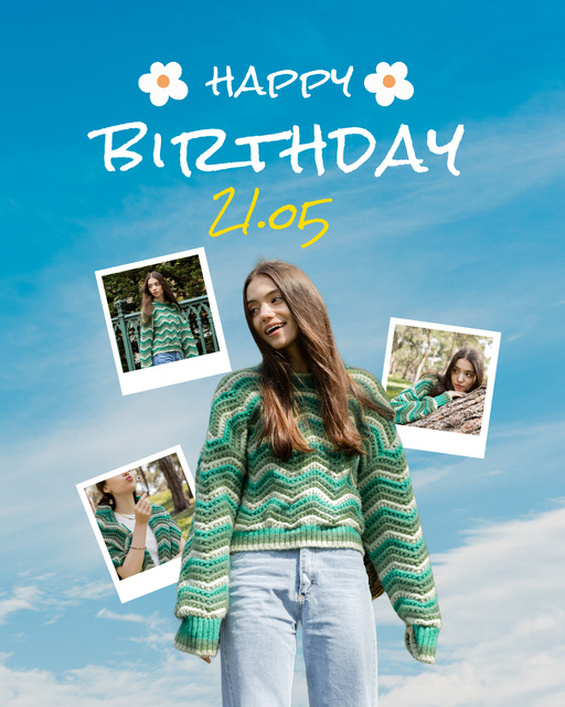 Happy Birthday Greeting to a Woman on Background on Blue Sky Instagram Post Vertical Design Template