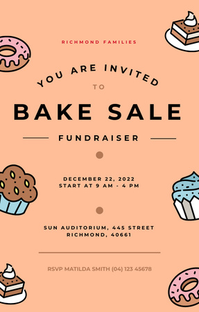 Bakery Sale Fundraiser With Tasty Cupcakes And Donuts Invitation 4.6x7.2in Design Template