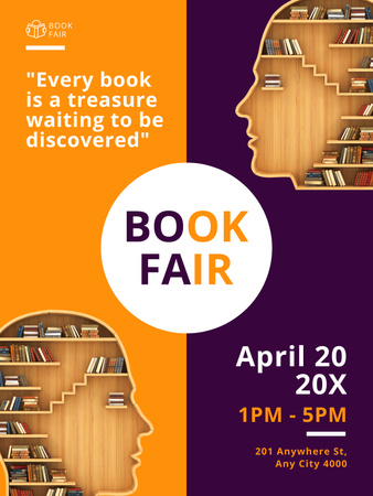 Book Fair Ad in Orange and Purple Poster US Modelo de Design