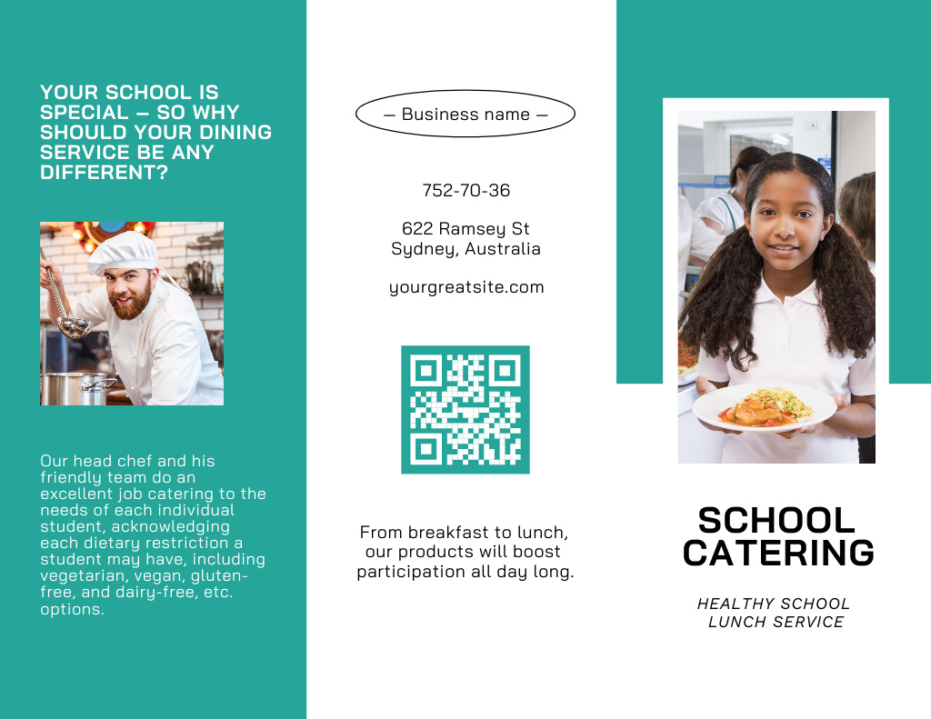 Nutritious School Food Ad with Schoolgirl in Canteen Brochure 8.5x11in Tasarım Şablonu