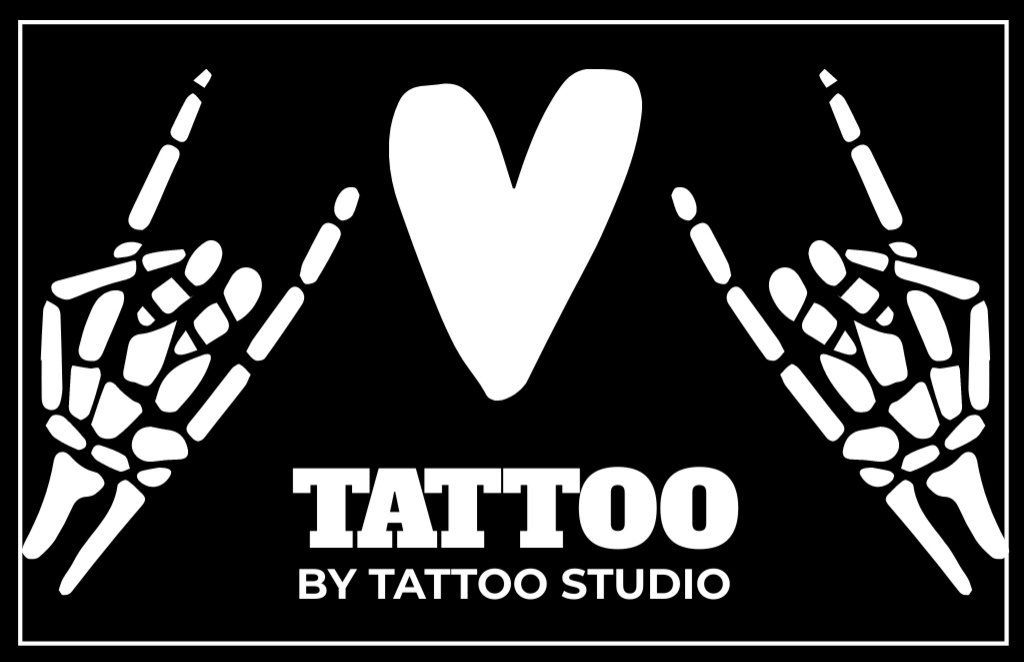 Ontwerpsjabloon van Business Card 85x55mm van Tattoo Studio Service Offer With Skeleton Hands Rock Sign