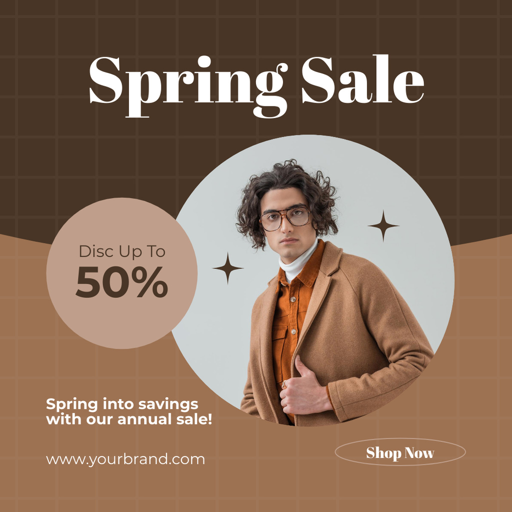 Men's Spring Sale Announcement with Man in Brown Jacket Instagram ADデザインテンプレート