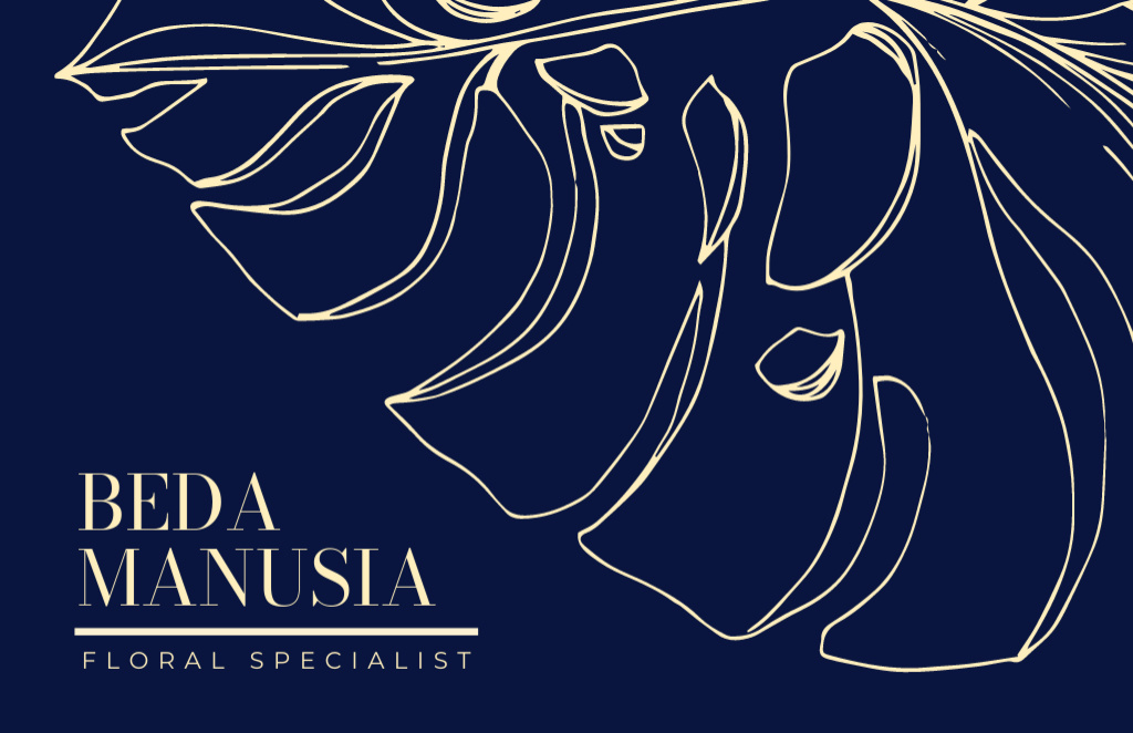 Florist Services Offer with Monstera Leaf Illustration on Blue Business Card 85x55mm tervezősablon