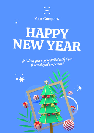 New Year Holiday Greeting with Cute Decorated Tree Postcard A5 Vertical tervezősablon