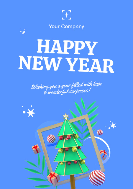 New Year Holiday Greeting with Cute Decorated Tree Postcard A5 Vertical Tasarım Şablonu