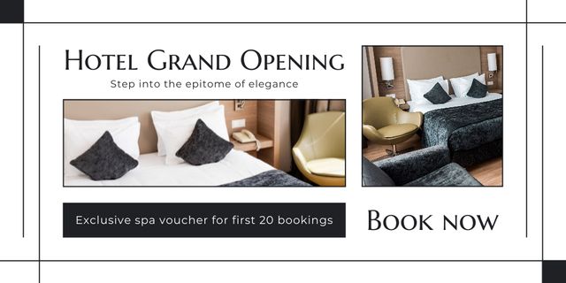 Minimalistic Hotel Grand Opening With Voucher For Firsts Bookings Twitter Design Template