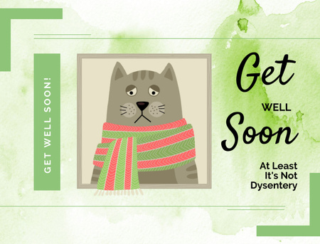 Designvorlage Traurige kranke Katze mit Schal-Illustration und unterstützenden Worten für Postcard 4.2x5.5in