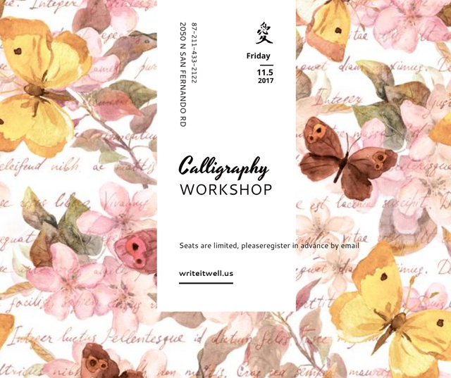 Calligraphy Workshop Announcement Watercolor Flowers Facebook Tasarım Şablonu