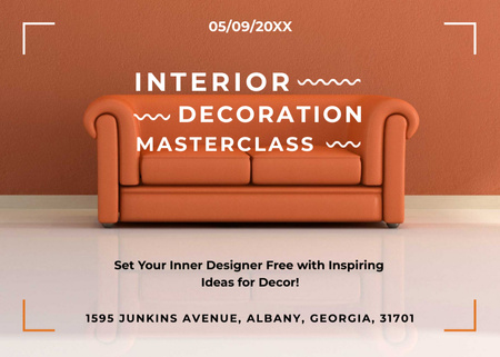 Interior Decoration Event Announcement with Sofa in Red Postcard 5x7in Design Template