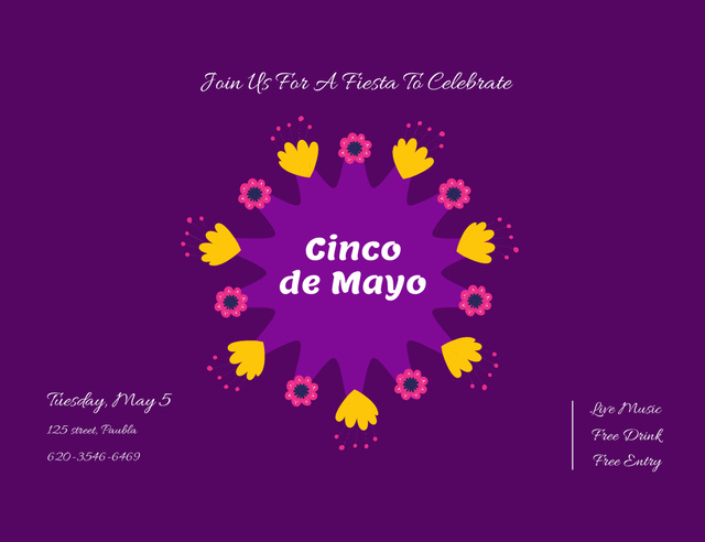 Cinco de Mayo Celebration Purple Invitation 13.9x10.7cm Horizontal Design Template