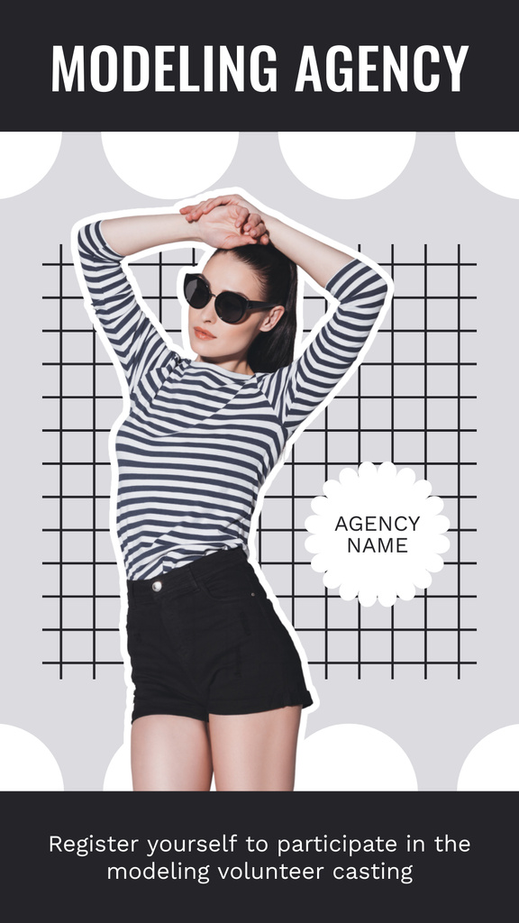 Szablon projektu Modeling Agency Ad with Woman in Striped Outfit Instagram Story