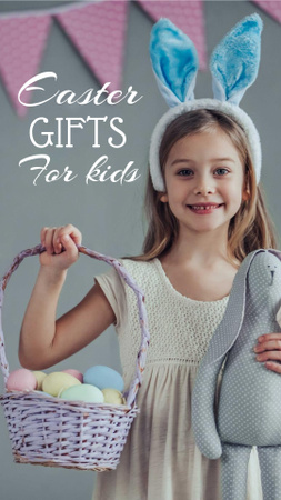 húsvéti ajándékok ajánlat aranyos lány gazdaság tojás kosár Instagram Story tervezősablon