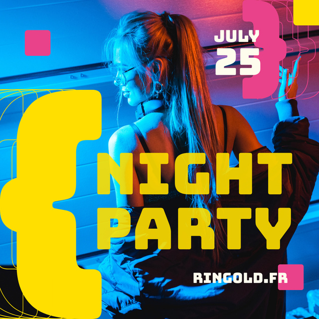 Night Party Invitation Girl in Neon Light Instagram Tasarım Şablonu