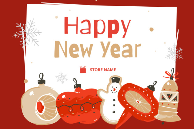 New Year Holiday Greeting with Illustration of Cute Decorations Postcard 4x6in – шаблон для дизайна